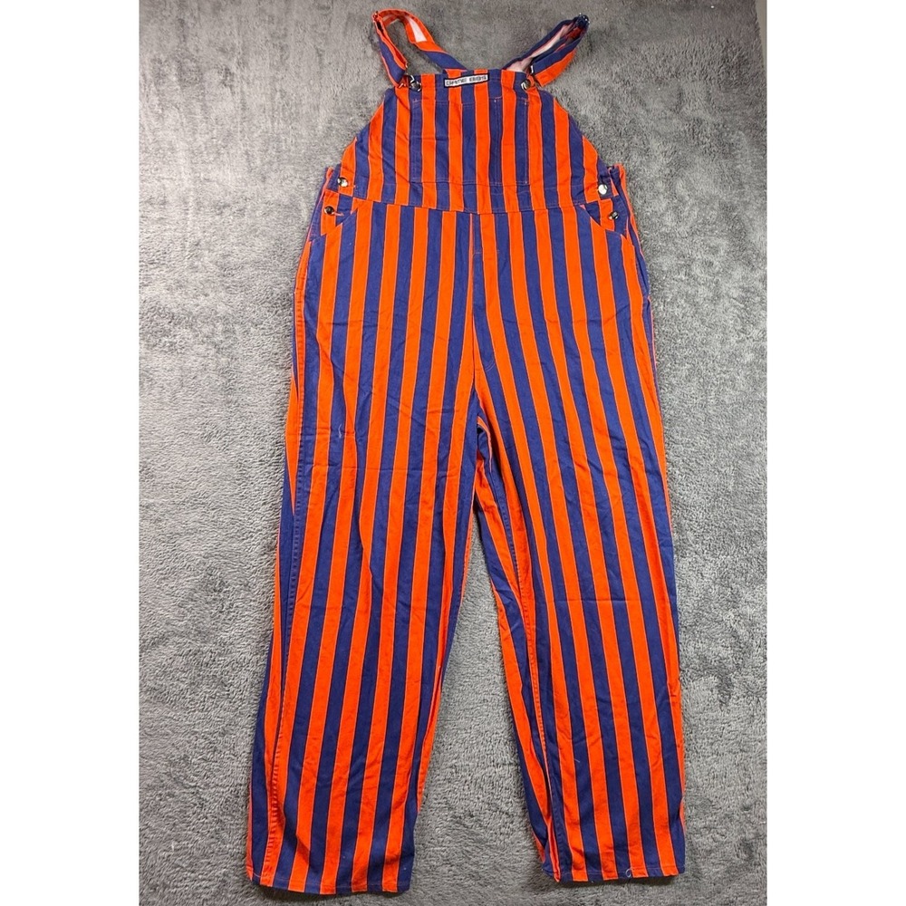 Game Bibs Mens XL Striped Overalls Jumpsuit Orange Blue Cotton Workwear Casual